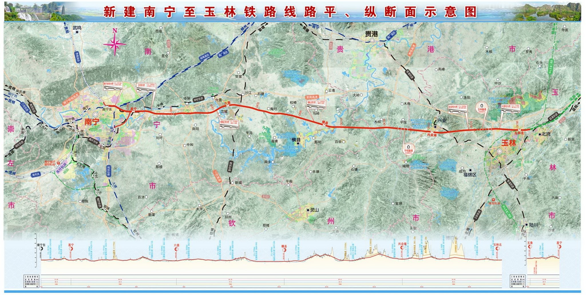 新建南寧至玉林鐵路線路平、縱斷面示意圖