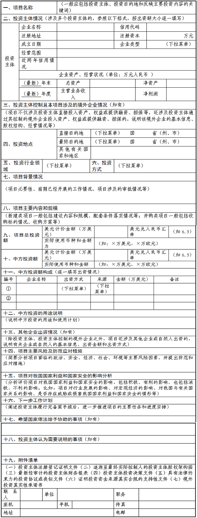 企業境外投資管理辦法配套格式文本