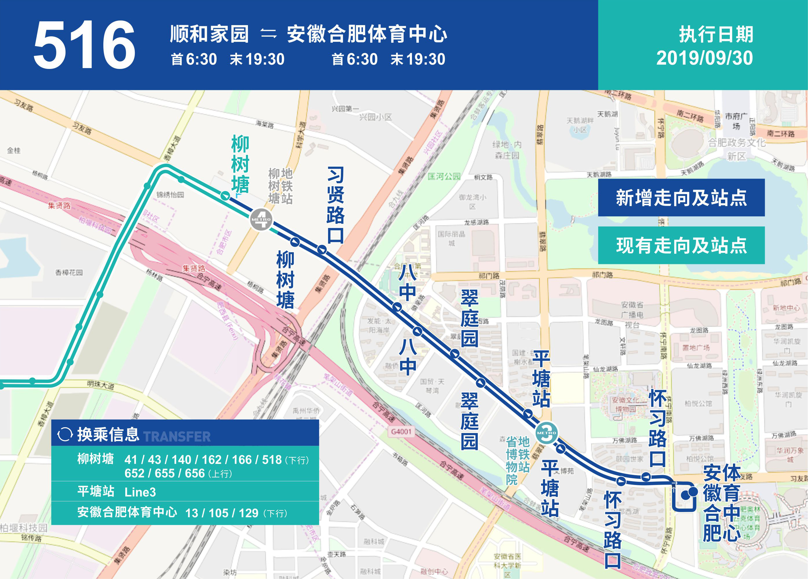 2019年9月30日起，516路底站由柳樹塘延伸至安徽合肥體育中心