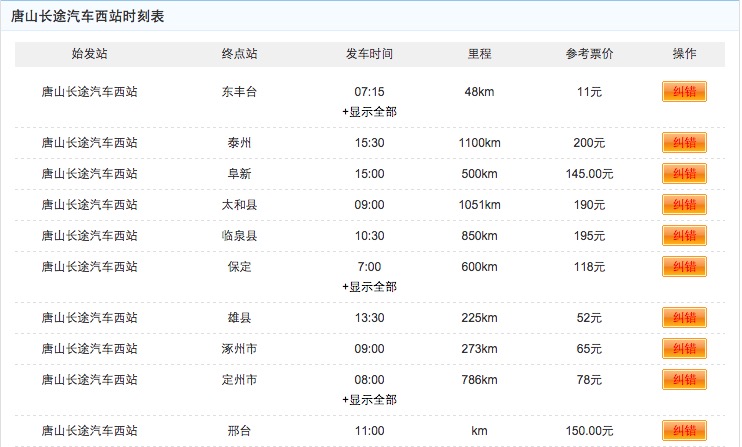 唐山長途汽車西站時刻表