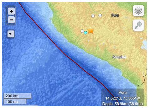 秘魯發生7.0級地震 震源深度58.9千米
