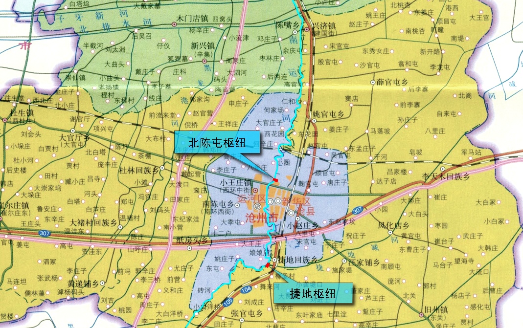 北陳屯樞紐、捷地樞紐在滄州市的位置