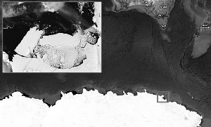 衛星圖片:新脫落下的冰山與“B9B”冰山。