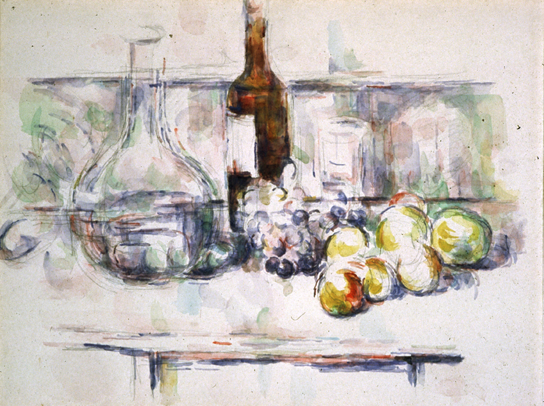 塞尚靜物-啤酒瓶、玻璃水瓶和水果