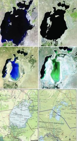 鹹海1973-2004在衛星圖上及地圖上的變化