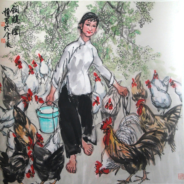 飼雞圖 68x68cm