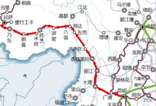 滇藏鐵路線路圖