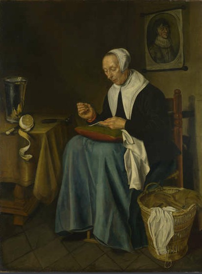 An Old Woman seated sewing