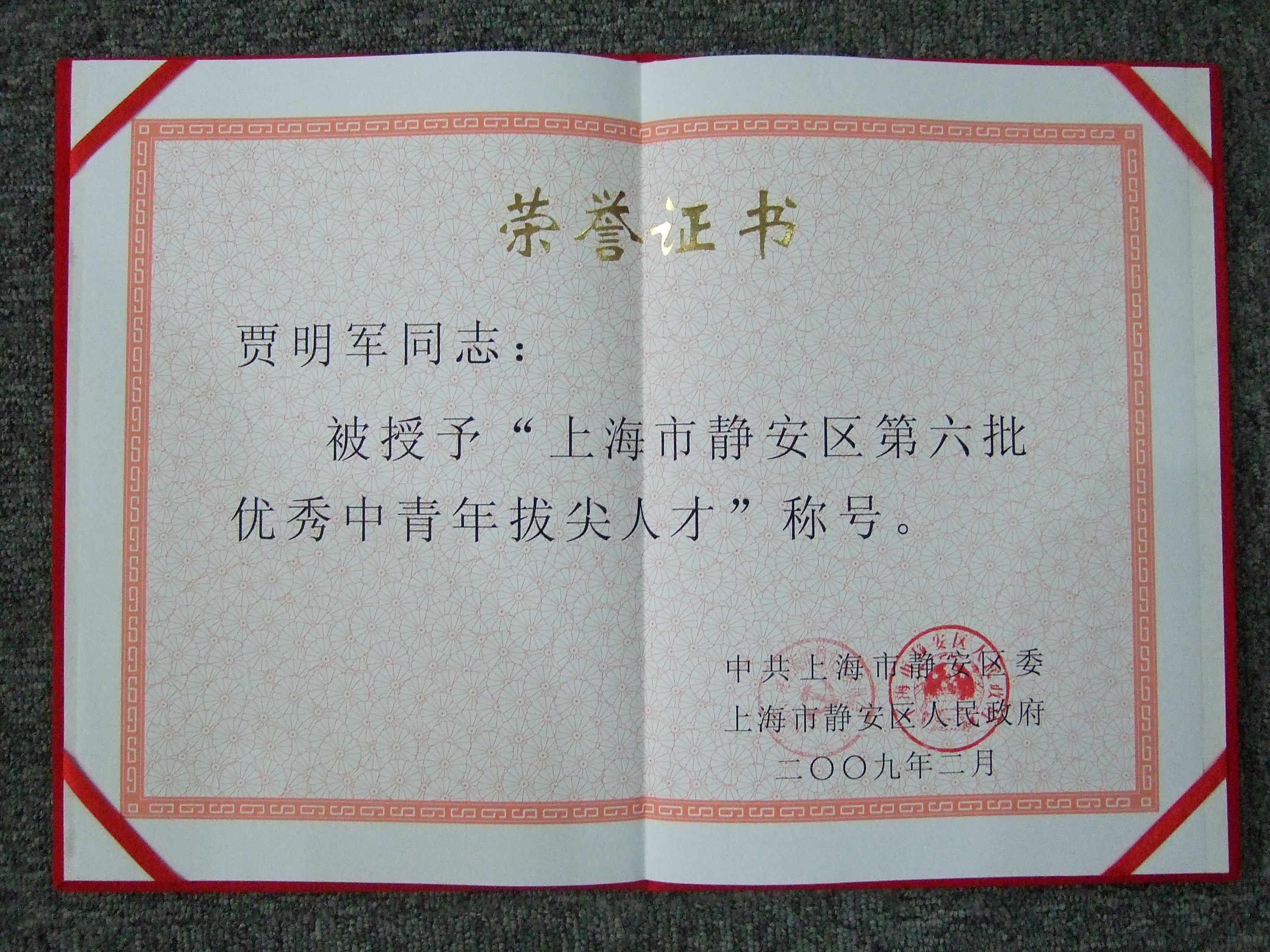 2009 賈明軍 上海市靜安區優秀青年拔尖人才