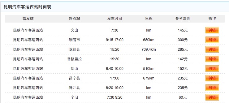 昆明汽車客運西站時刻表