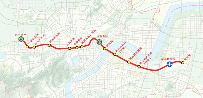 杭州機場軌道快線路線走向示意圖