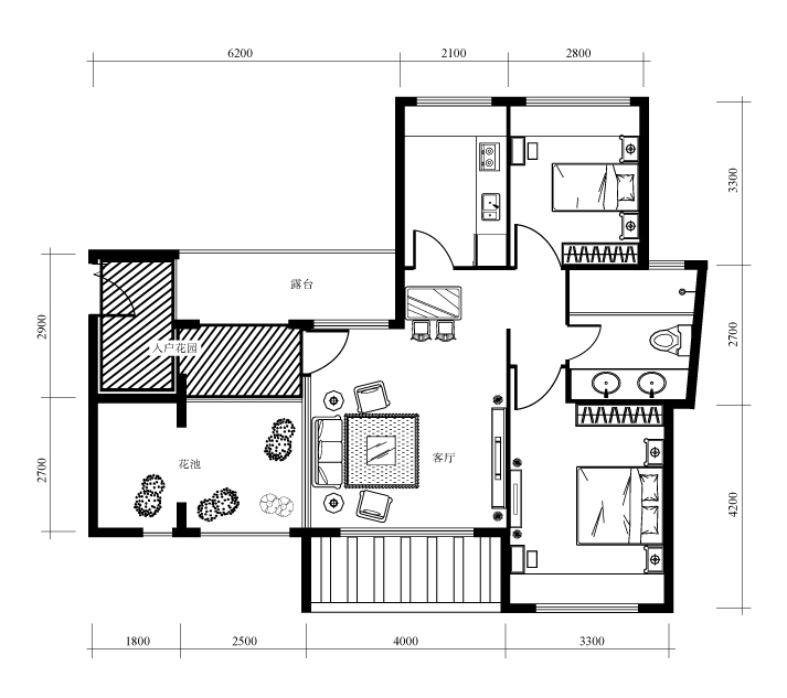 C戶型，三房二廳一衛，建築面積73.88平方米