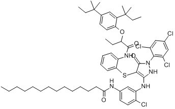 1-（2,4,6-三氯苯基）-3-（5-十四醯胺基-2-氯苯胺基）-4-[2-[alpha-（2,4-二特戊基苯氧基）丁醯胺基]苯硫基]-5-吡