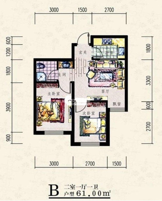 朝陽新苑B兩室一廳一衛61.00戶型圖