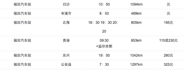 深圳福田汽車站時刻表