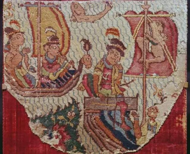 波斯傳統地毯上的葡萄牙人與小型戰艦