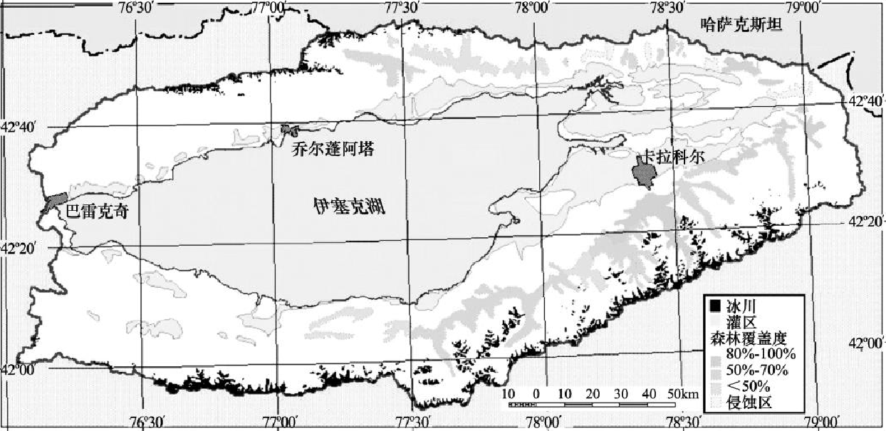 伊塞克湖流域的冰川、植被和灌區