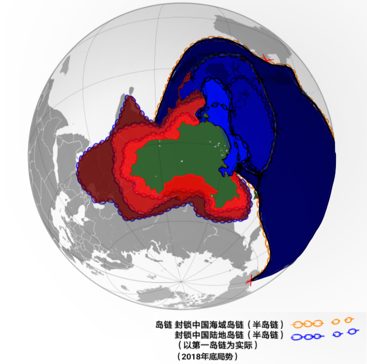 島鏈俯視圖（中國境內由內至外分別部署有第一、二、三島鏈）