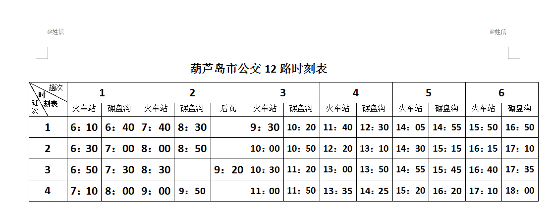 葫蘆島公交12路時刻表