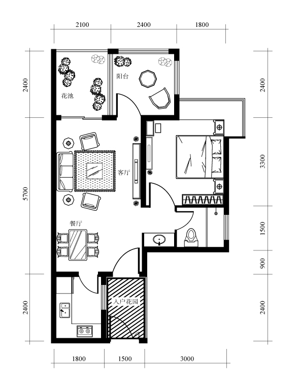 A戶型，二房二廳一衛，建築面積51.07平方米