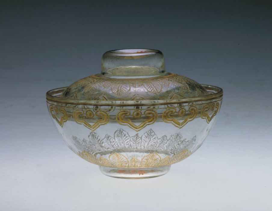 清中期透明玻璃戧金蓋碗