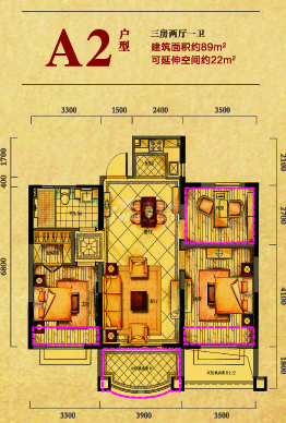A2戶型 89方贈送約22方