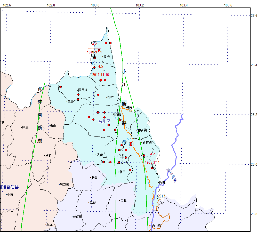 東川1969年以來3級以上地震震中分布圖