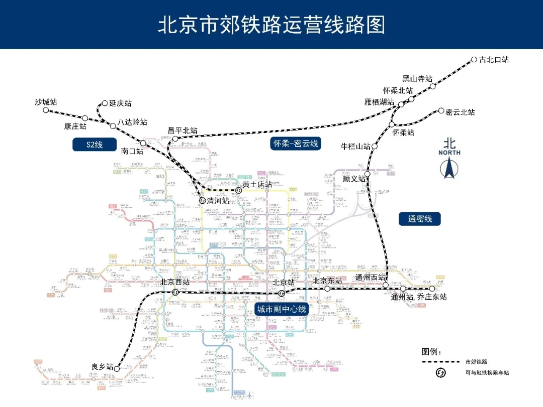 北京市郊鐵路運營線路圖