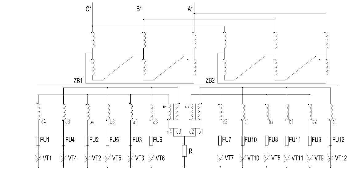 雙反星形帶平衡電抗器整流電路的主電路圖