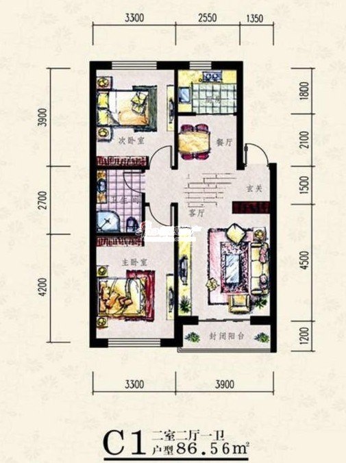 朝陽新苑C1兩室兩廳一衛86.56戶型圖