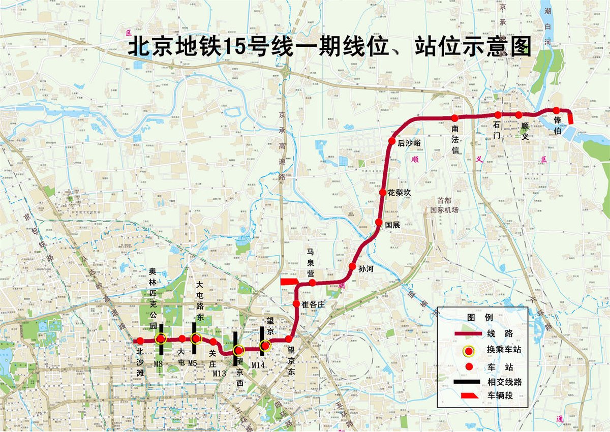 北京捷運15號線北沙灘站至俸伯站線路走向圖