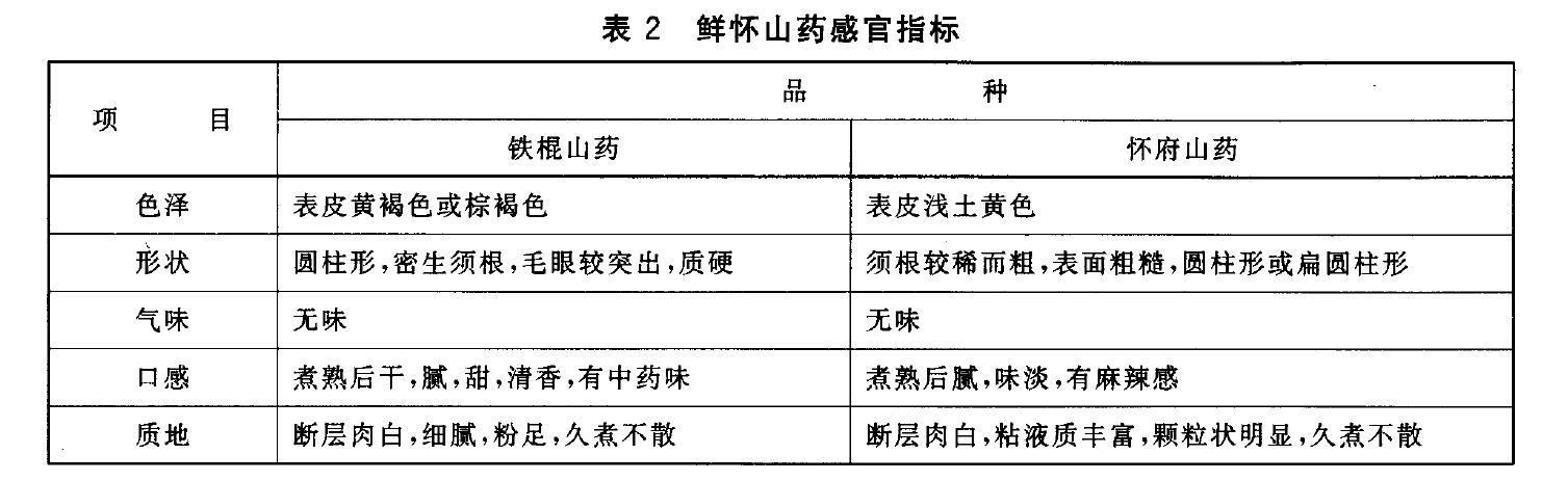 表2 鮮懷山藥感官指標