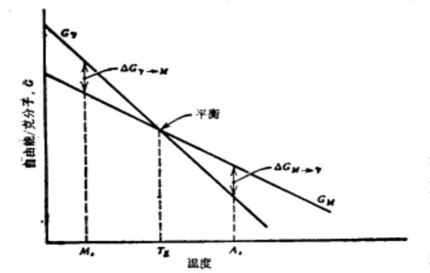 奧氏體與馬氏體相的自由能與溫度間的關係曲線關係