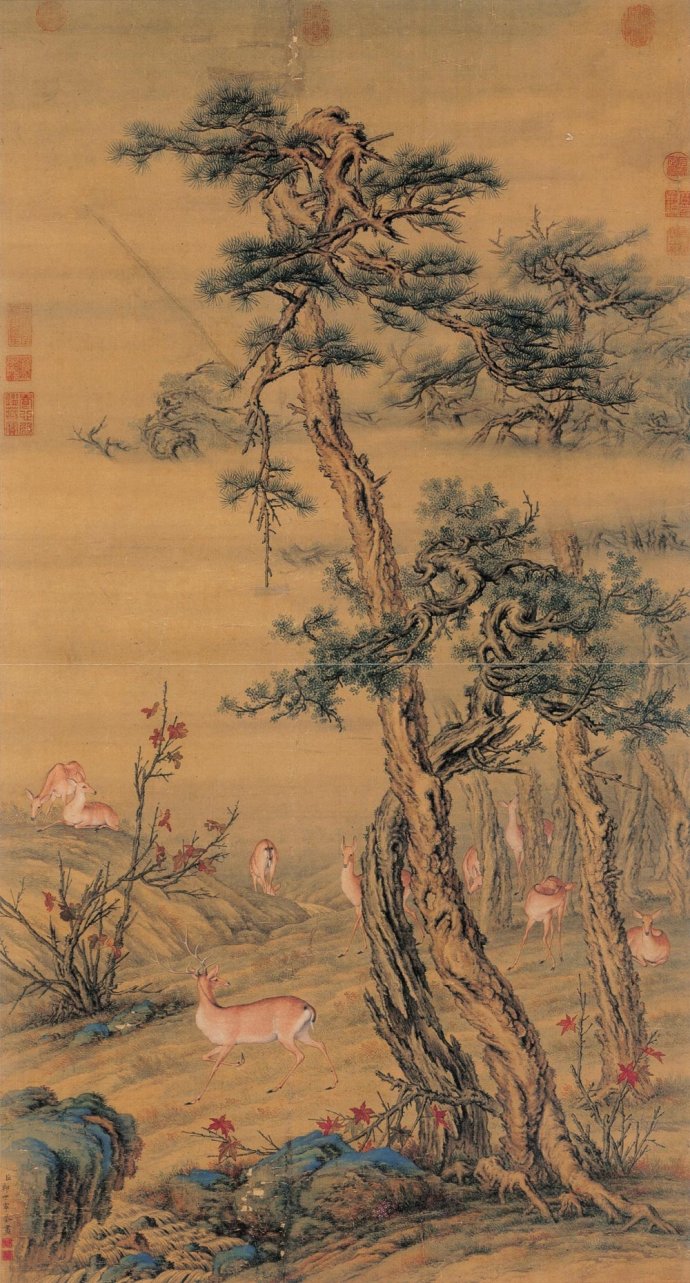 秋林群鹿圖(清代郎世寧創作國畫)