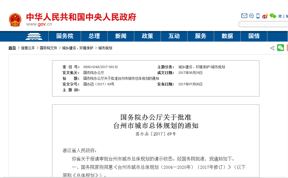 國務院辦公廳關於批准台州市城市總體規劃的通知