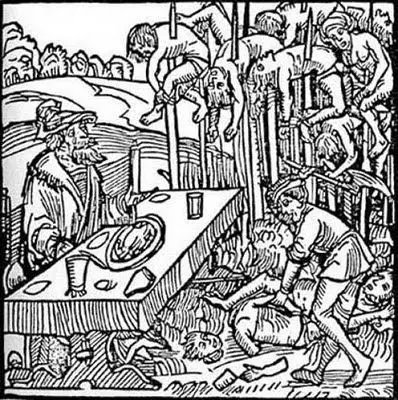 一副德意志版畫 弗拉德三世一邊用餐 一邊欣賞穿刺酷刑