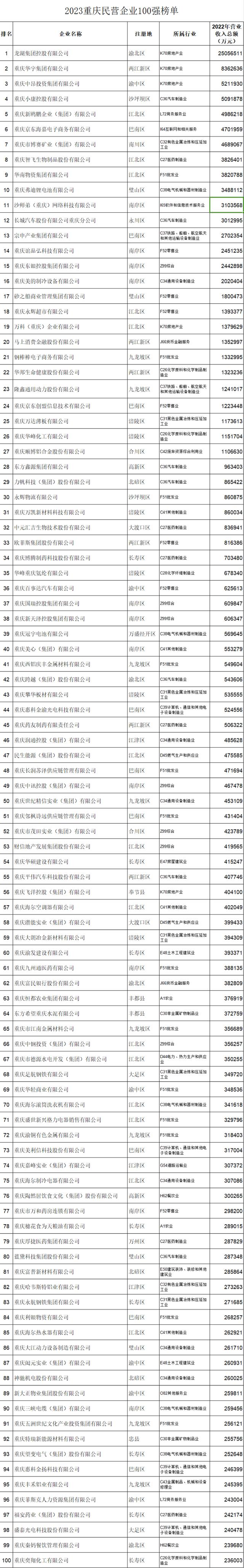 重慶民營企業100強