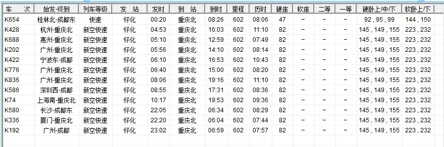 2011.7.1時刻表（重慶北方向）