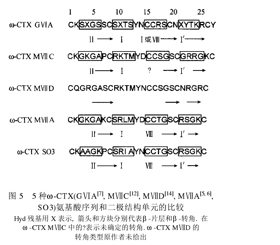 五種ω-CTX胺基酸序列和二極結構單元的比較