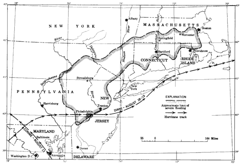 颶風黛安在美國東北部引發的洪災範圍