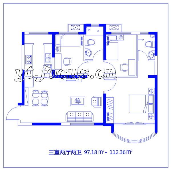 黃金家園戶型2-三室兩廳兩衛戶型圖