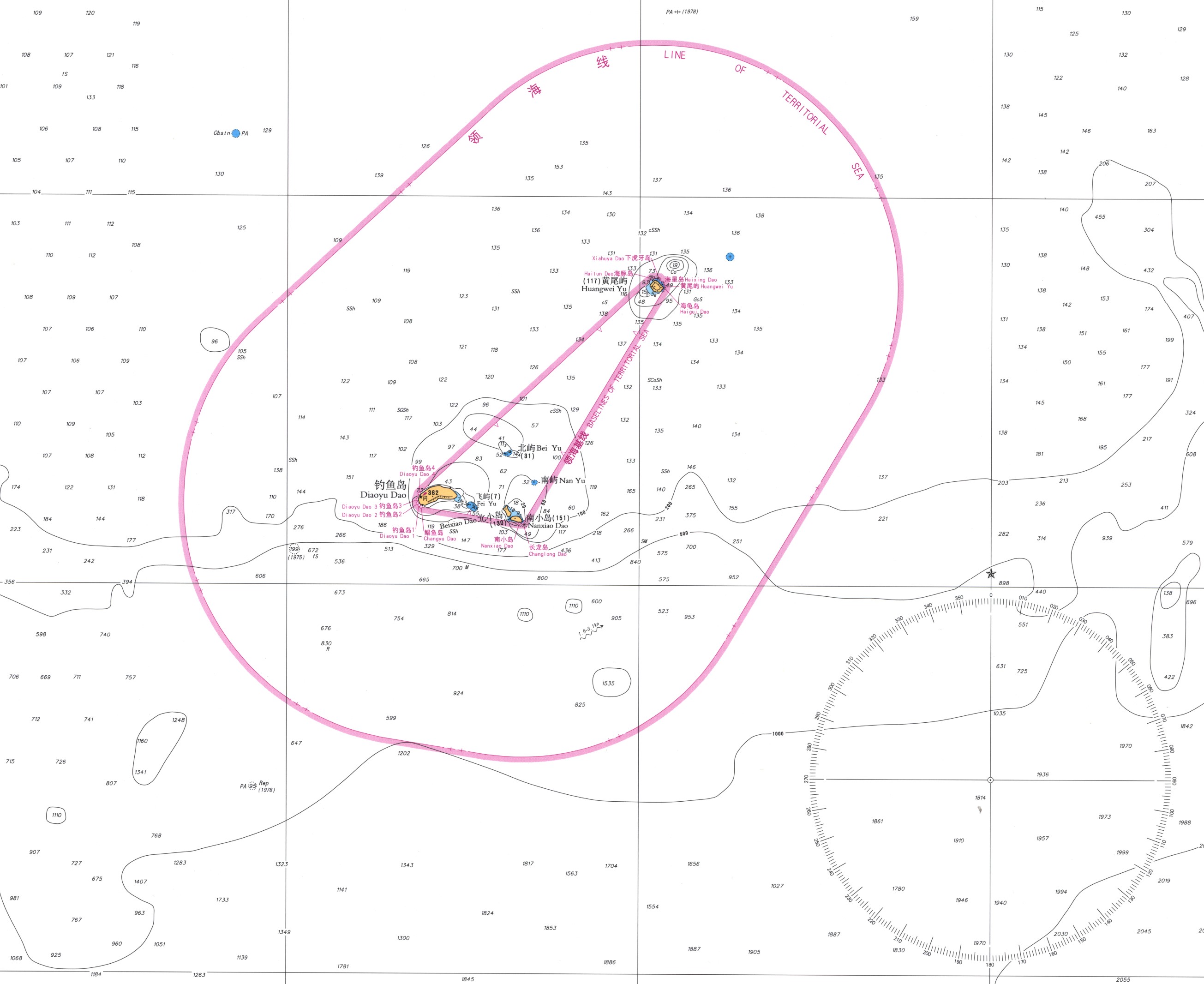 中國釣魚島及其附屬島嶼領海基線圖（釣魚島部分截圖）