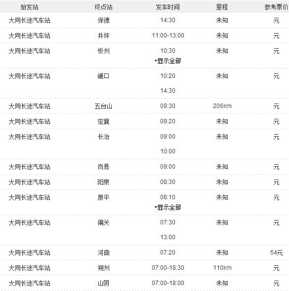 大同長途汽車站時刻表