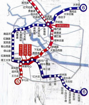 天津軌道交通6號線線路走向圖（藍色，車站名為工程名）