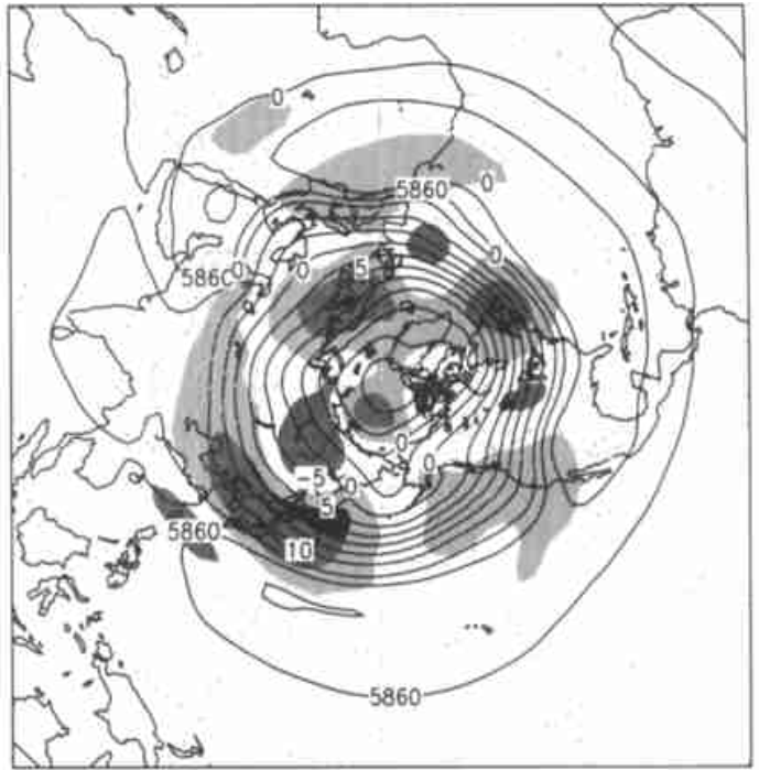 圖 3 夏季西太平洋副高位置偏東時高度及其距平場的合成