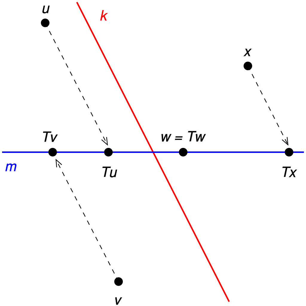 圖1.變換T是沿著k方向到直線m上的投影