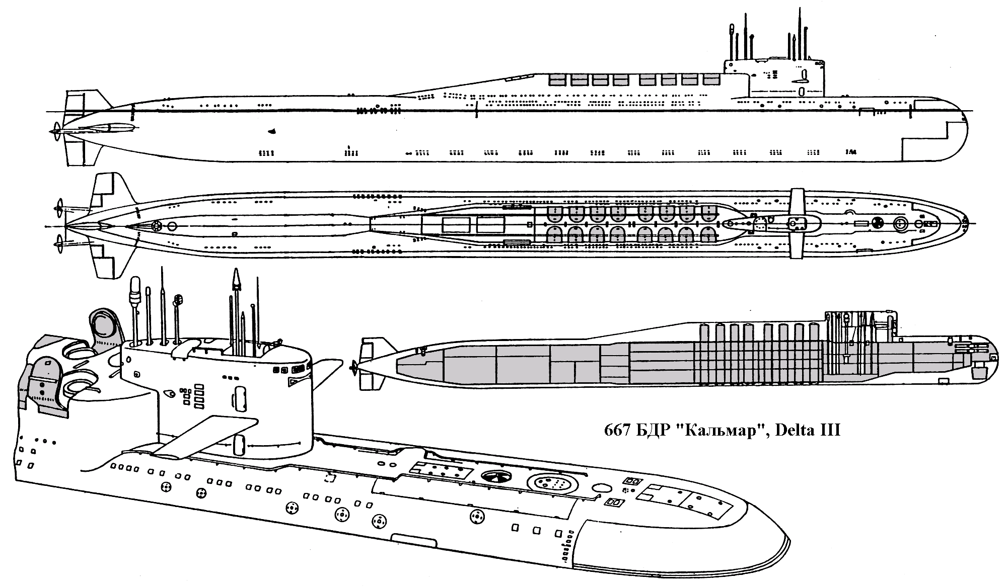 667BDR型戰略核潛艇三視圖