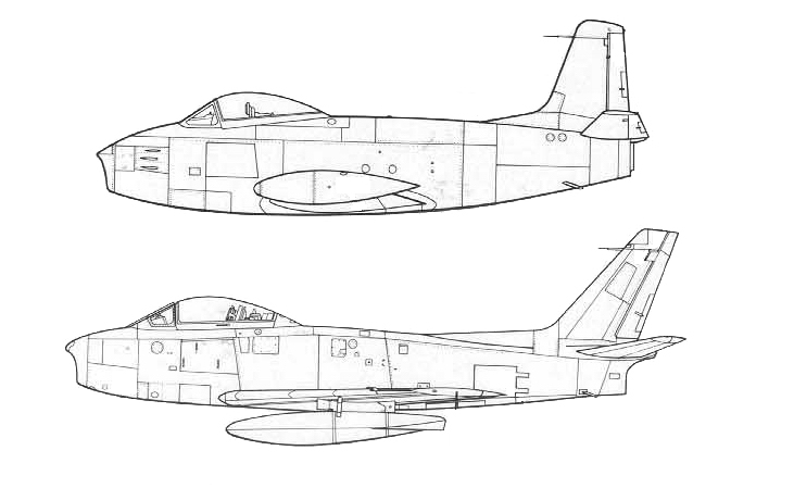 XP-86 平直翼型與後掠翼型側面圖對比