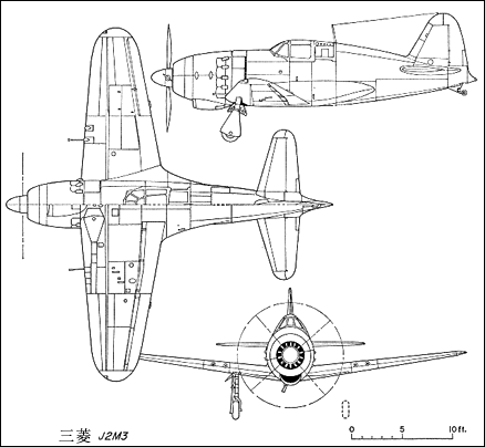 三菱J2M3戰鬥機三面圖