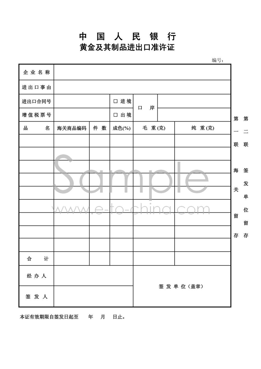 黃金及其製品進出口準許證